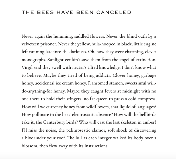 MayaCPopa's tweet photo. I wrote this poem in 2014. I began it on my subway commute after reading an article on the dwindling 🐝 numbers. I couldn't stop thinking about it. 

It became the first in a series of climate change poems, all centered on "canceling" out a different element of the natural world. https://t.co/gIOWu5BeXW