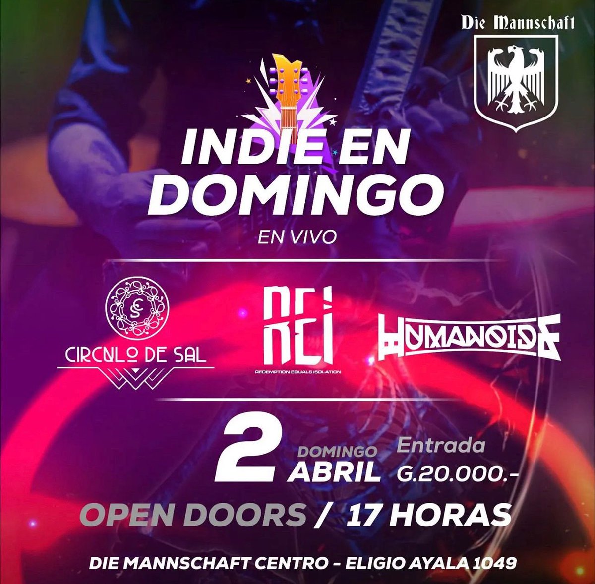 HOOOOY DOMINGO 02/04 será también de INDIE 🇵🇾🤘🏻 con  @circulodesal_py @estoesrei &amp; <a href="/HumanoidePy/">HumanoidePy</a> 🔥🔥
en DIE MANNSCHAFT CENTRO.
📲0985596307.
ABRIMOS 16hs.
Música en vivo arranca 21hs aprox.
Prost!🍻🇩🇪🇵🇾 <a href="/AsajeRock/">Asaje Rock</a>