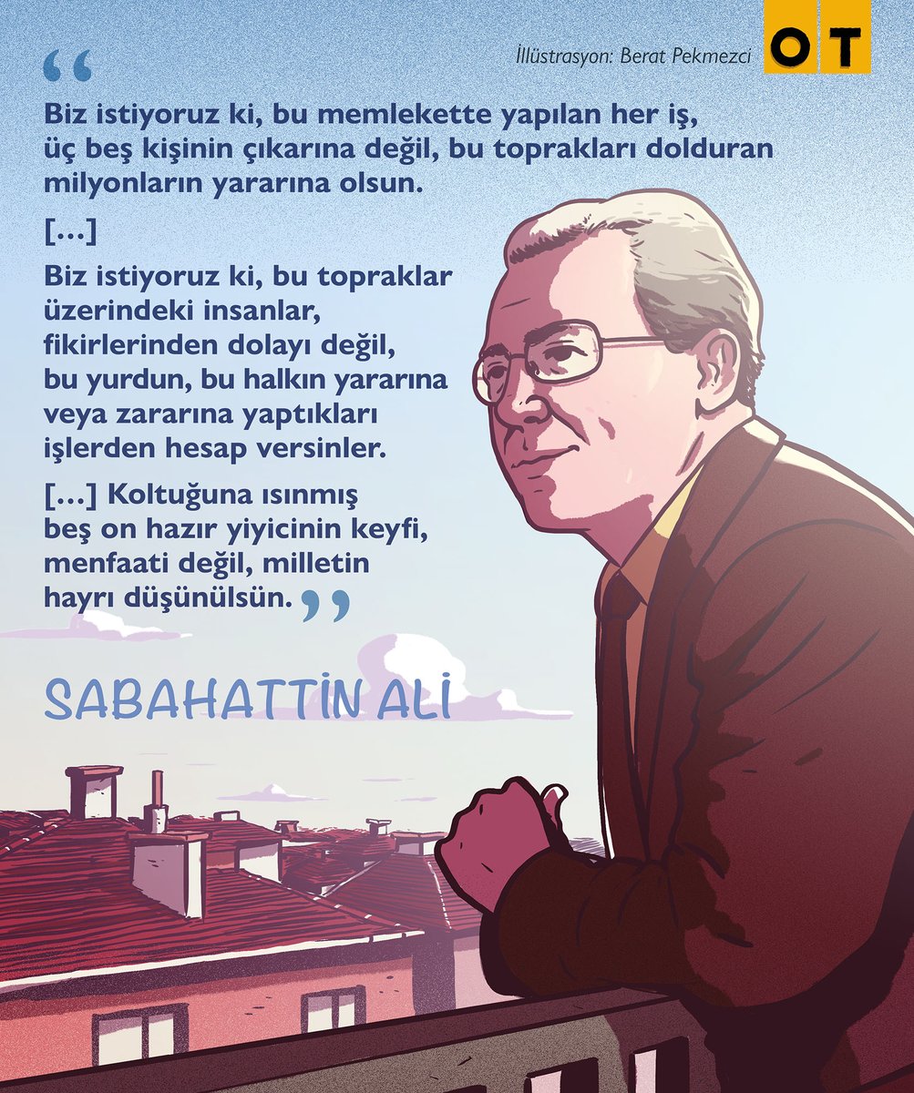 Biz istiyoruz ki, bu memlekette yapılan her iş, üç beş kişinin çıkarına değil, bu toprakları dolduran milyonların yararına olsun... Koltuğuna ısınmış beş on hazır yiyicinin keyfi, menfaati değil, milletin hayrı düşünülsün. #SabahattinAli #OTdergi (Arşiv, S: 51) ✍️ #BeratPekmezci
