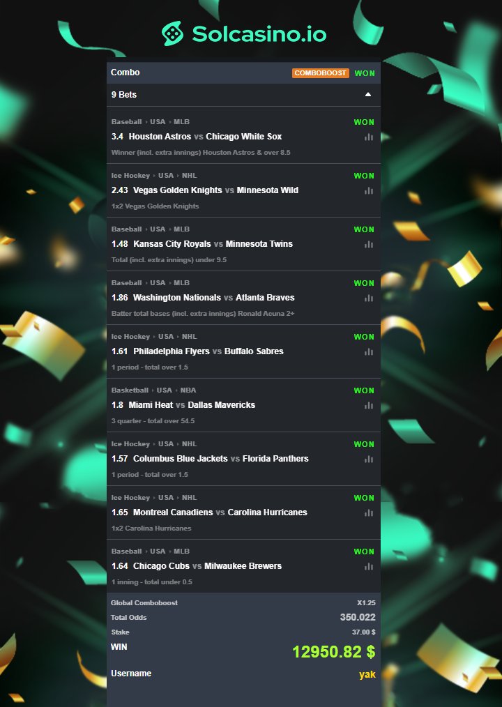 Congratulations to yak! 
Yak recently hit it big on our sportsbook, turning a $37 bet into a whopping $12,950 with a winning 9-parlay combination across multiple sports!

If you're feeling lucky, come join the excitement and test your sports knowledge at solcasino.io/sports