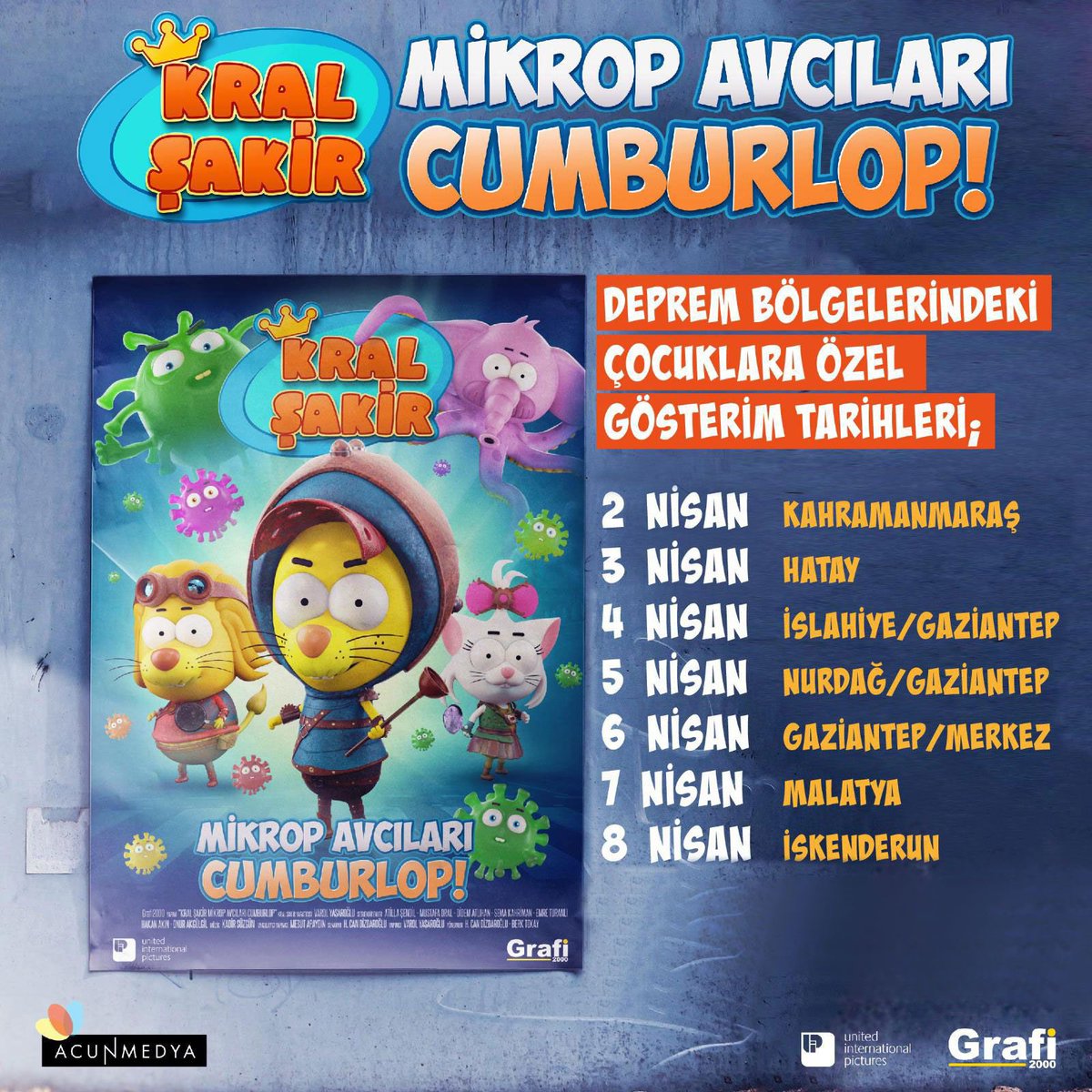 acunilicali's tweet photo. “Kral Şakir Mikrop Avcıları Cumburlop!” filmi deprem bölgelerindeki çocuklarla buluşmaya devam ediyor.. @kralsakirresmi @varolyasaroglu https://t.co/95to6z4IEK