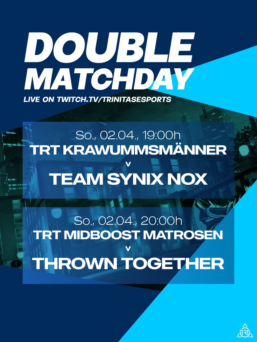 Was gehört zu nem vernünftigen Sonntag? Richtig, ein TRT Doppel-Spieltag 😎

Das erste Mal mit den Jungs der #Krawummsmänner zu Beginn! 💙 Dann übernehmen die #MidboostMatrosen 👀 auf zwei weitere Wins 🔥

📺 twitch.tv/trinitasesports
🎙️ <a href="/schvennie_rl/">schvennie.</a> <a href="/VNooblo/">DeanNooblo</a> 
📽️ <a href="/PaterCamillo/">PaterCamillo</a>