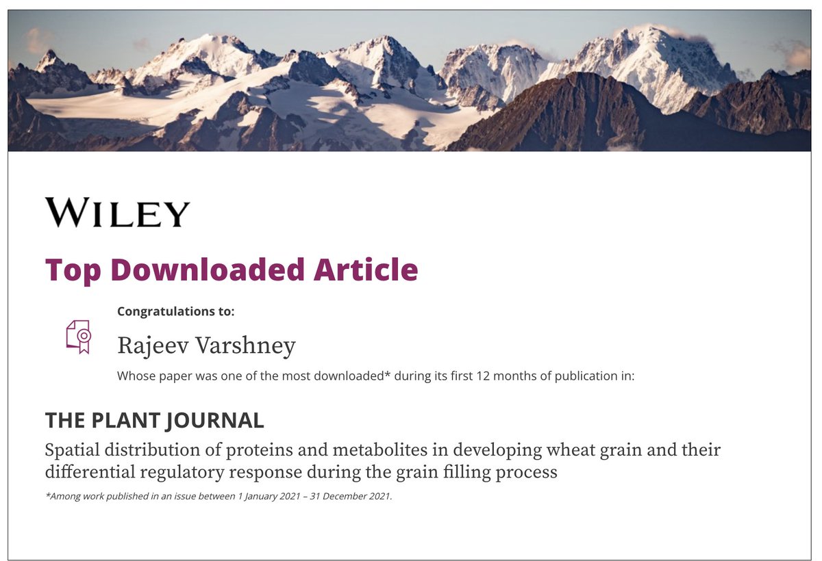 Congratulations to all authors- <a href="/WeckwerthWolf/">Univ.-Prof. Dr. Wolfram Weckwerth</a> <a href="/ArindamGhatak10/">Arindam Ghatak</a> <a href="/palak3129/">Palak Chaturvedi</a> on recognition of  <a href="/ThePlantJournal/">The Plant Journal</a> paper- "Spatial distribution of proteins and  metabolites in wheat grain.." as #TopDownloadedArticle - Read it- 10.1111/tpj.15410. 
Pleasure to collaborate with you all!