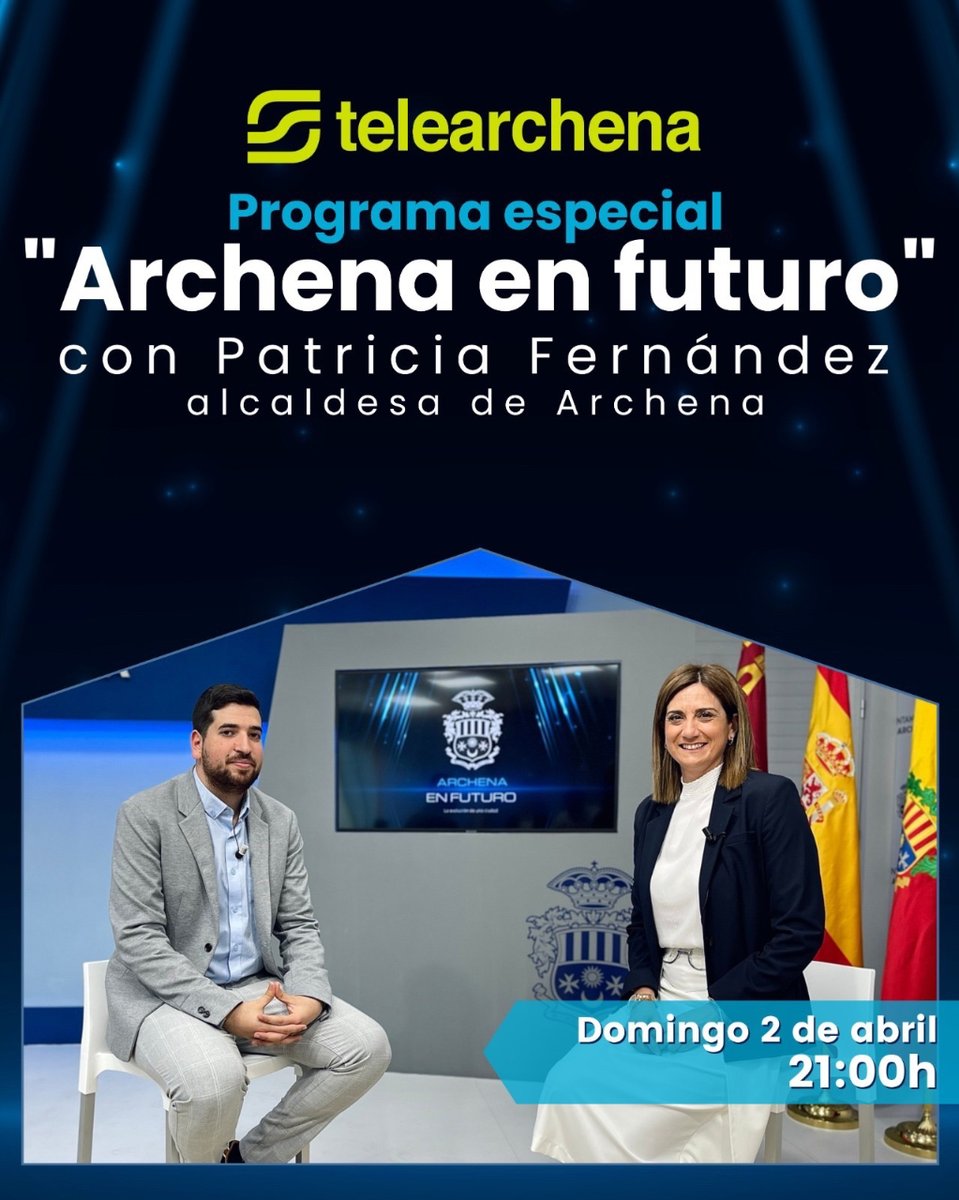 AytoArchena's tweet photo. 📺No te pierdas la entrevista a @Patriciaflopez , alcaldesa de #Archena, donde nos hablará de los grandes proyectos de "ᗩᖇᑕᕼEᑎᗩ Eᑎ ᖴᑌTᑌᖇO"
ℹ️ Hoy a las 21:00h. En @telearchena .
#Archenaenfuturo https://t.co/bYJZUDJcxt