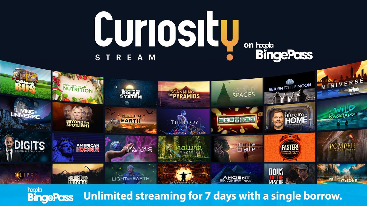OCPLibrary's tweet photo. Binge thousands of documentaries to fulfill your curiosities! Use one hoopla borrow for unlimited access to the Curiosity Stream website for 7 days with hoopla BingePass. https://t.co/syNs52nknt https://t.co/iR6ksmu9Bq