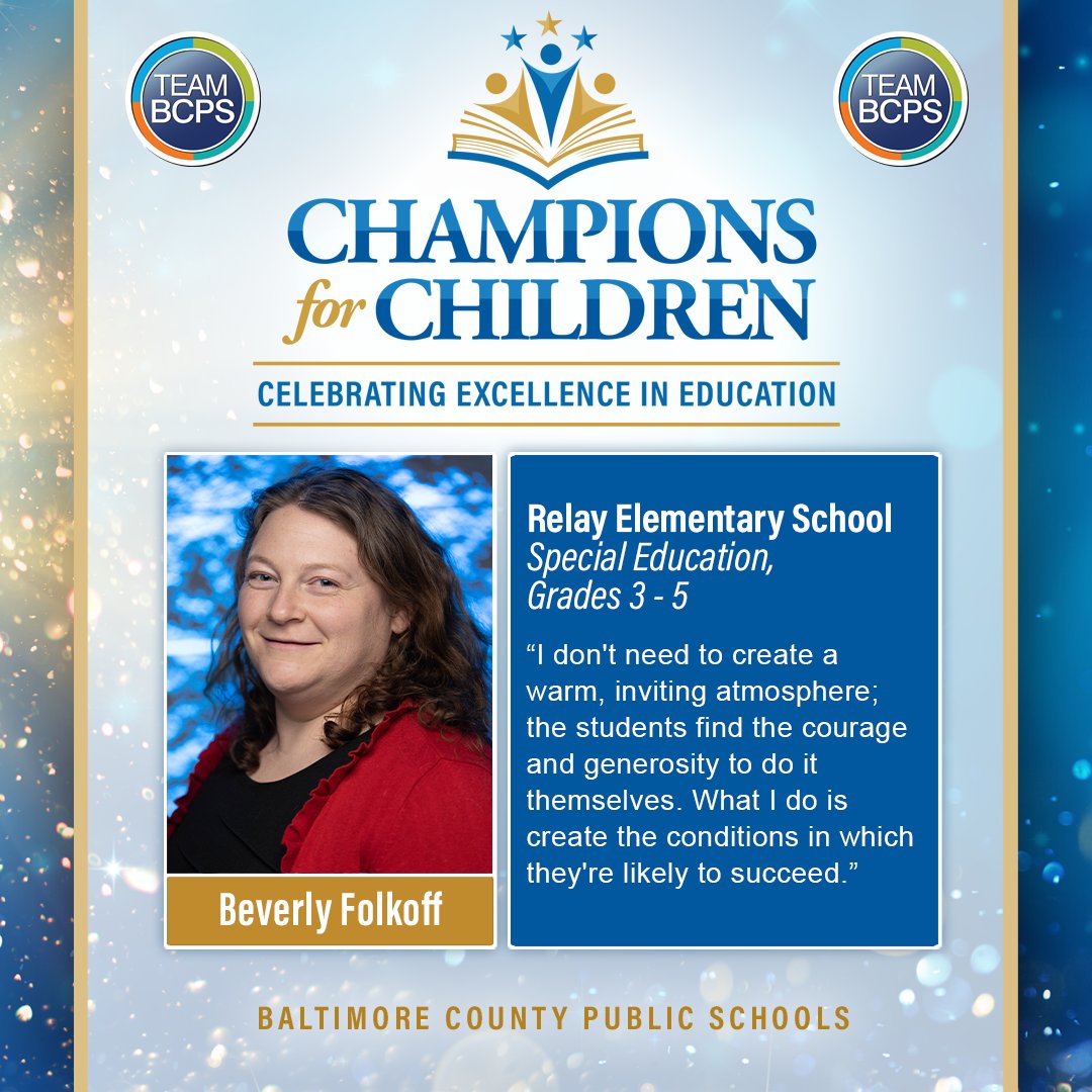 Baltimore County Public Schools (@baltcops) on Twitter photo 🎉 Meet Beverly Folkoff, #TeamBCPS Elementary School Teacher of the Year and 2023-2024 BCPS Teacher of the Year Finalist! <a href="/Relay_BCPS/">Relay Elementary</a>
✨ Join us on Wednesday, April 19, for our livestreamed Champions for Children awards gala!
Learn More ➡ ow.ly/vcJ050NrBSo 🎉 Meet Beverly Folkoff, #TeamBCPS Elementary School Teacher of the Year and 2023-2024 BCPS Teacher of the Year Finalist! <a href="/Relay_BCPS/">Relay Elementary</a>
✨ Join us on Wednesday, April 19, for our livestreamed Champions for Children awards gala!
Learn More ➡ ow.ly/vcJ050NrBSo