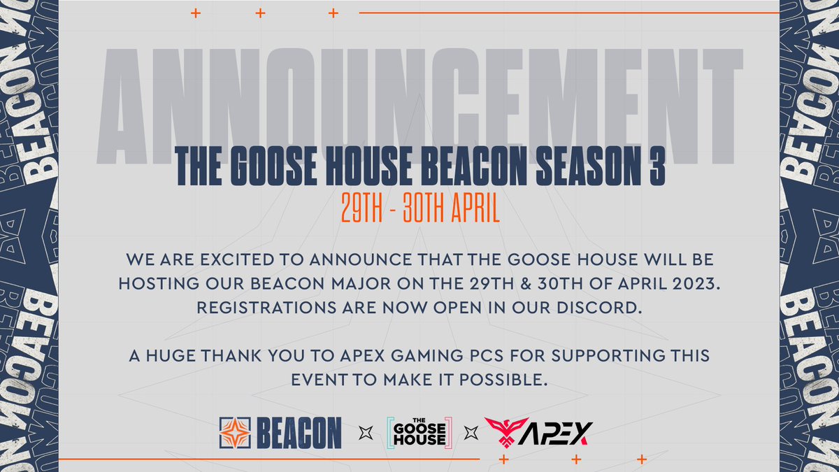 🚨BEACON IS BACK🚨

Our <a href="/VALORANTukn/">VALORANT // UK, IE & Nordics</a> VRC Major 👑

📅- 29th/30th April 2023
💰- €1000 Prize Pool
📝- discord.gg/TGH

Head to #information in our Discord and assign yourself the BEACON role to sign up when they're live. 🔶