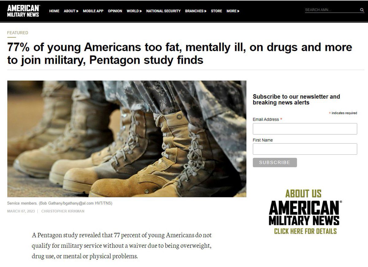 hamedmaleklou2's tweet image. یک مطالعه پنتاگون نشان داد که ۷۷٪ از جوانان آمریکایی برای خدمت در ارتش بیش از حد چاق، بیمار روانی یا معتاد به مواد مخدر هستند

 در نگاهی به رد صلاحیت جوانان، شایع ترین آنها  به دلیل اضافه وزن (11%)، سوءمصرف مواد مخدر و الکل (8%) و مشکلات سلامتی/ جسمانی (7%) بود
#usarm