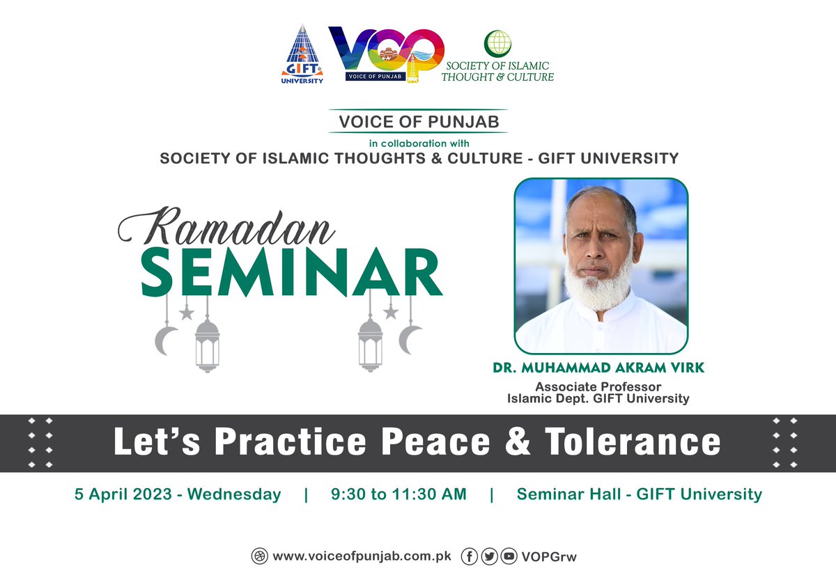 VoiceofPunjab01's tweet photo. DR. MUHAMMAD AKRAM VIRAK 

Peace and Tolerance are the emblem of Islam and a Muslim is supposed to be a practical image of these abstract teachings.  To serve this very cause, VOP presents Ramadan seminar, "LET'S PRACTICE PEACE AND TOLERANCE".

#VoiceofPunjab https://t.co/wYkBZVkn52