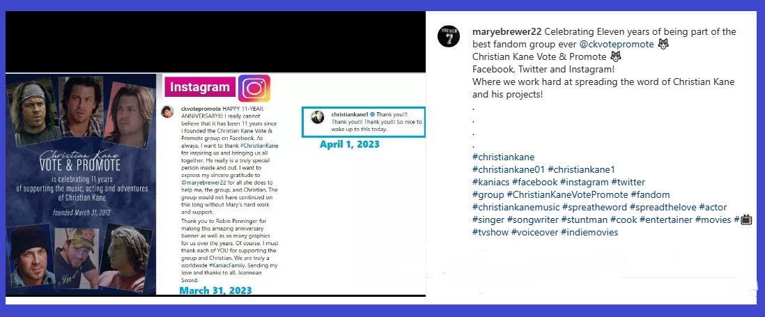 maryebrewer's tweet photo. I didn't do a #GuessTheProject yesterday but I did
share about @CKVotePromote 🐺Facebook Group's
11 year Anniversary and @ChristianKane01 's response
on @instagram 📷 @ maryebrewer22 📷
(Sorry I can't seem to share links lately ?)
#ChristianKaneVotePromote #ChristianKane https://t.co/QBX5zOCZPk