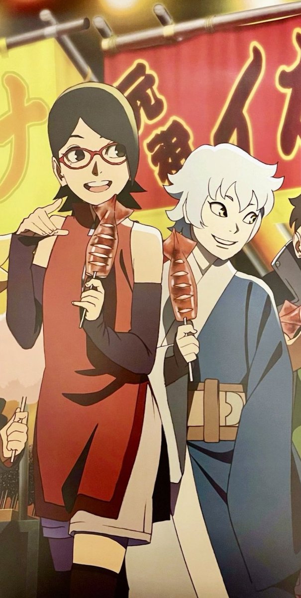 HourlyMitsusara's tweet photo. Sarada and Mitsuki enjoying a grilled squid from 2022 official calendar illustration 🦑❤️💙
#MitsuSaraWeek #MitsuSaraWeek2024 https://t.co/SMCA1OurEW