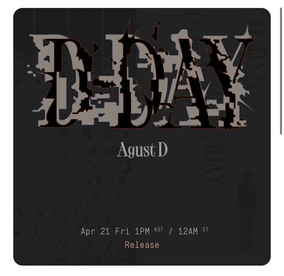 seoul_stop's tweet photo. Not an April Fools 🫶

YOONGI’S SOLO ALBUM D-DAY

Pre-order Begins: Monday, April 3, 2023 https://t.co/qCNdaRWQaI