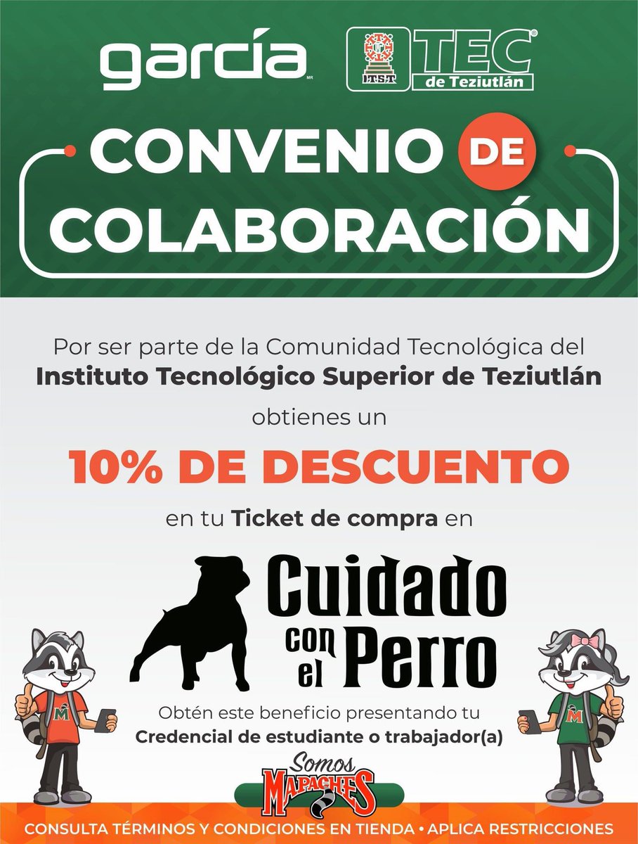 TecNMTeziutlan's tweet photo. Si eres estudiantes o trabajador(a) del #TecDeTeziutlán obtienes un 10% de descuento en tu ticket de compra 👕👗 de Cuidado con el Perro.

Obtén este beneficio exclusivo para la Comunidad Tecnológica, presentando tu 🪪 credencial del Tec.

#EsUnOrgulloSerMapache https://t.co/prXv5ixJYw
