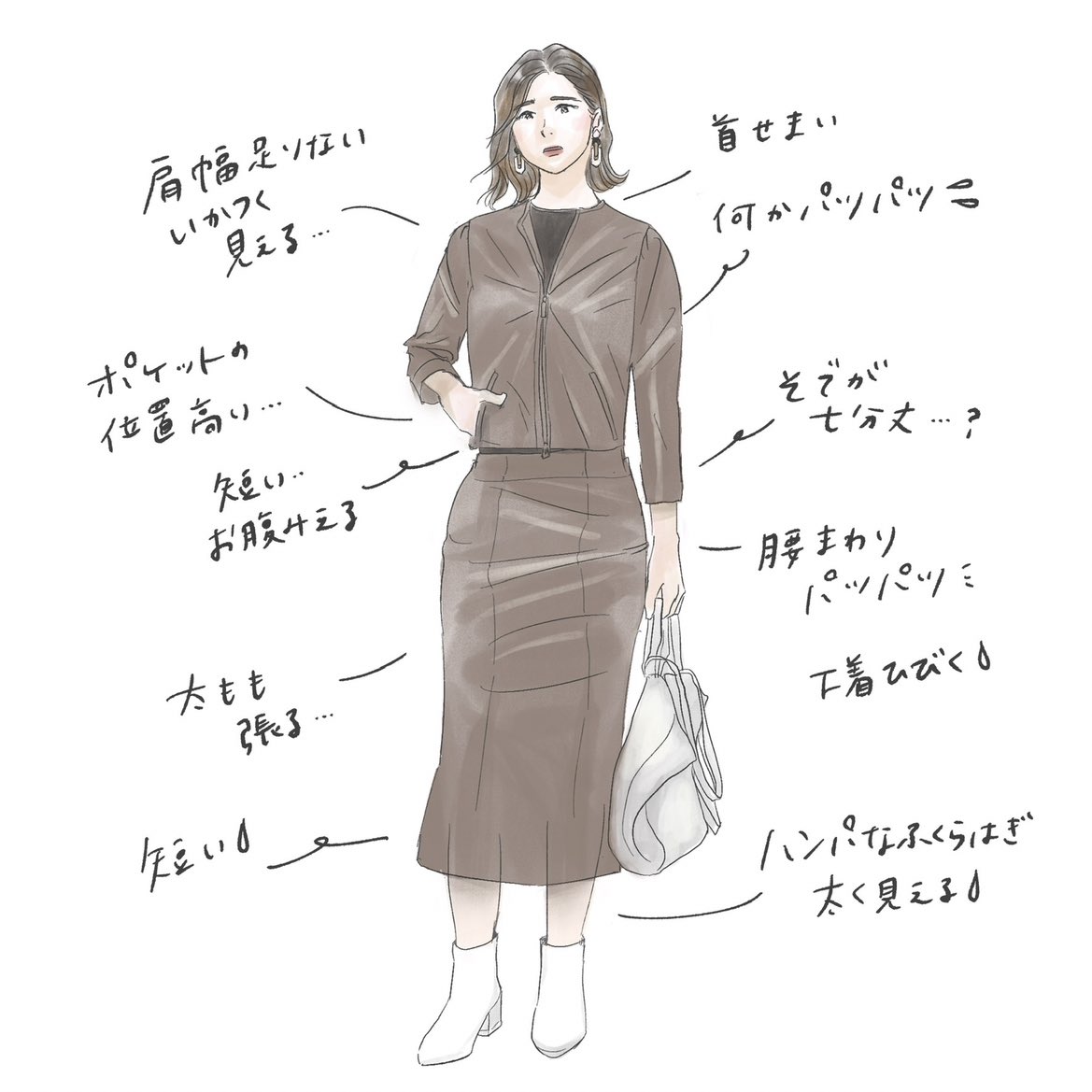 背が高い女性の服の悩みって、裾や丈が足りないだけじゃなくて、型が合わなくてバランス悪いとか、肩幅や首回り腰回りがパツパツとか、太って見えるとか、たくさんあるんです～!

というのをイラストで表現しました🖋 