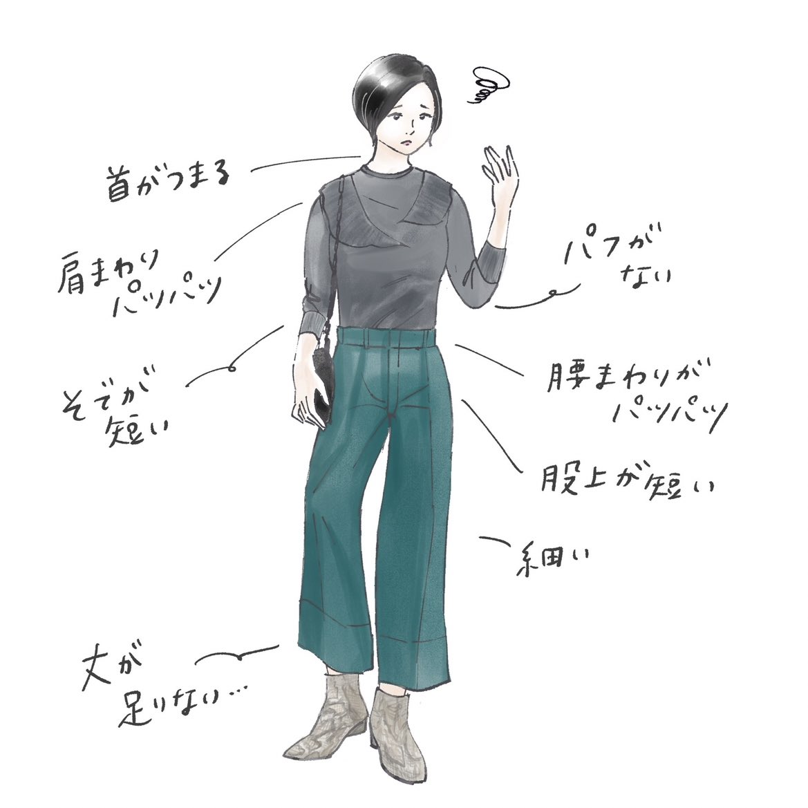 背が高い女性の服の悩みって、裾や丈が足りないだけじゃなくて、型が合わなくてバランス悪いとか、肩幅や首回り腰回りがパツパツとか、太って見えるとか、たくさんあるんです～！

というのをイラストで表現しました🖋 https://t.co/SSqM4UvluL