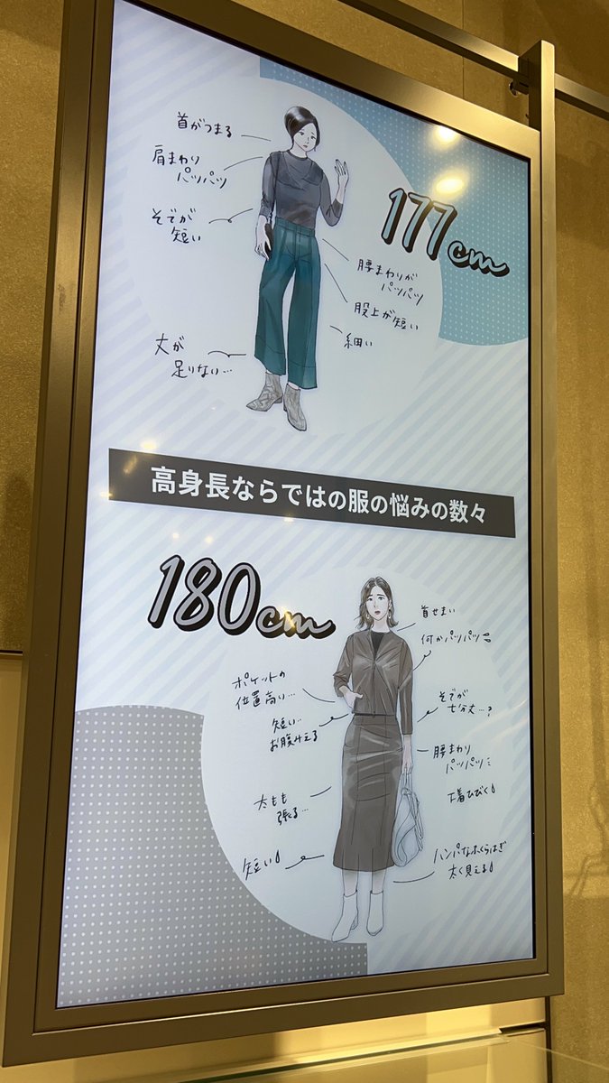 背が高い女性の服の悩みって、裾や丈が足りないだけじゃなくて、型が合わなくてバランス悪いとか、肩幅や首回り腰回りがパツパツとか、太って見えるとか、たくさんあるんです～!

というのをイラストで表現しました🖋 