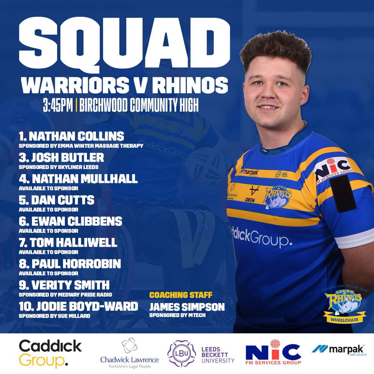 ♿ | 𝕋𝕖𝕒𝕞 ℕ𝕖𝕨𝕤

James Simpson has announced his squad for our Round 2 clash with <a href="/WiganWarriorsCF/">Wigan Warriors Community Foundation 🍒⚪️</a> this afternoon🦏

Come on team🙌

#TeamRhinos #WheelchairRL