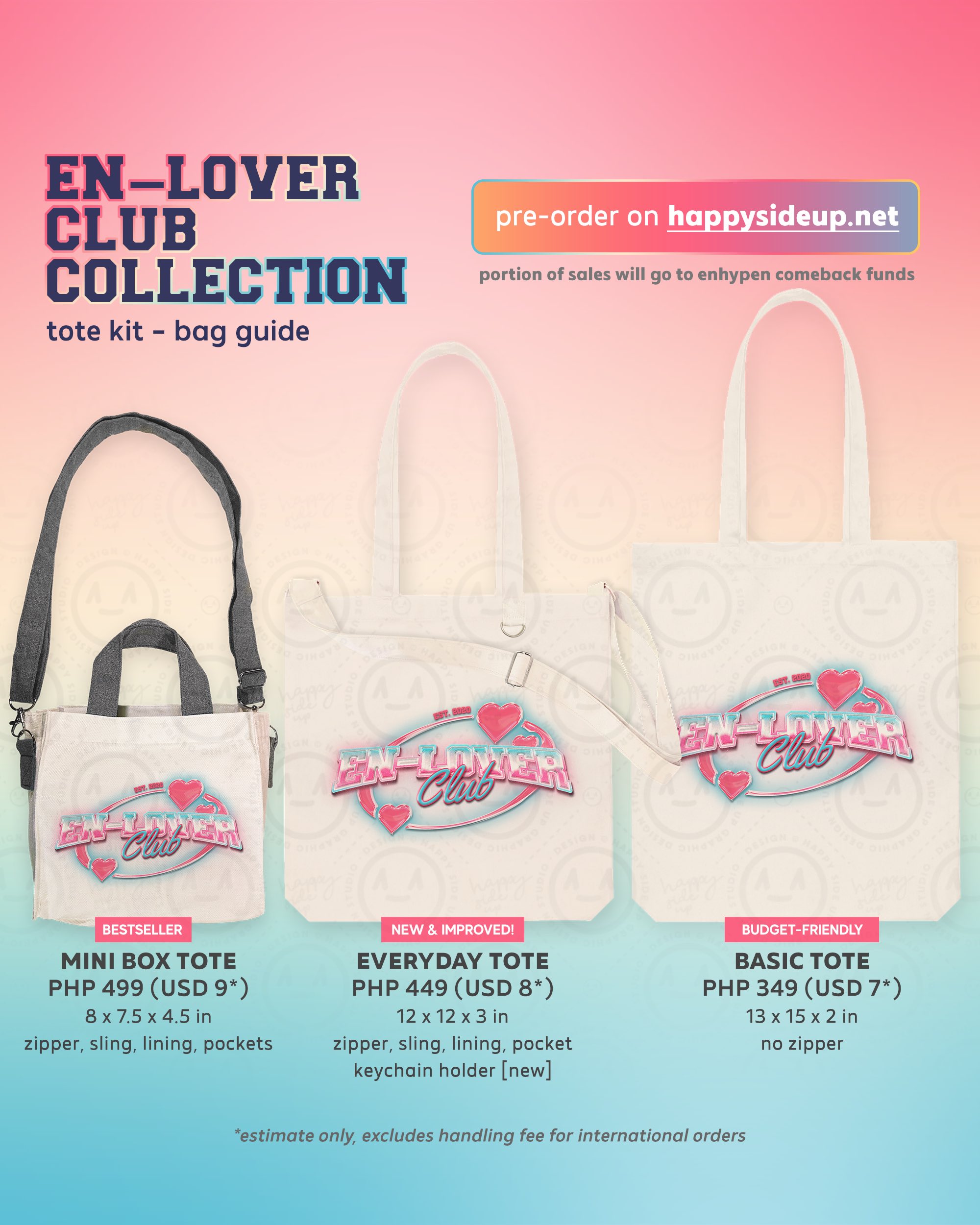 ENHYPEN UPDATES on X: ❤️ EN-LOVER CLUB TOTE KIT ╰➤ Variations: • Mini Box  Tote - PHP 499 (USD 9) • Everyday Tote - PHP 449 (USD 8) • Basic Tote 