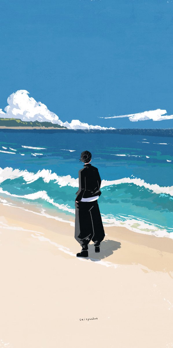 1boy solo outdoors beach male focus day sky  illustration images