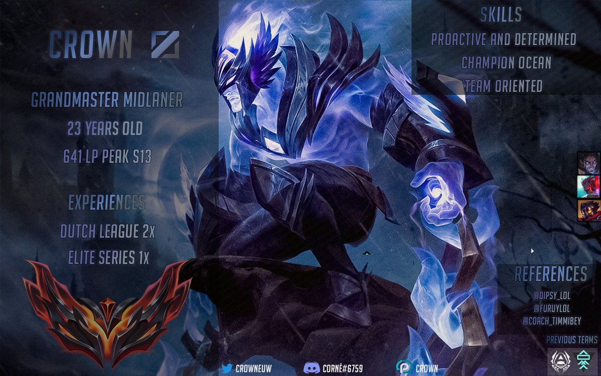 CrownEuw's tweet image. After a solid split playing for @TheAgencyNL, I am now actively LFT!

Considering offers from ERL2+, prefer full-time.

Further information available upon request, links will be listed down below.

♥️ &amp;amp; ♻️ greatly appreciated!