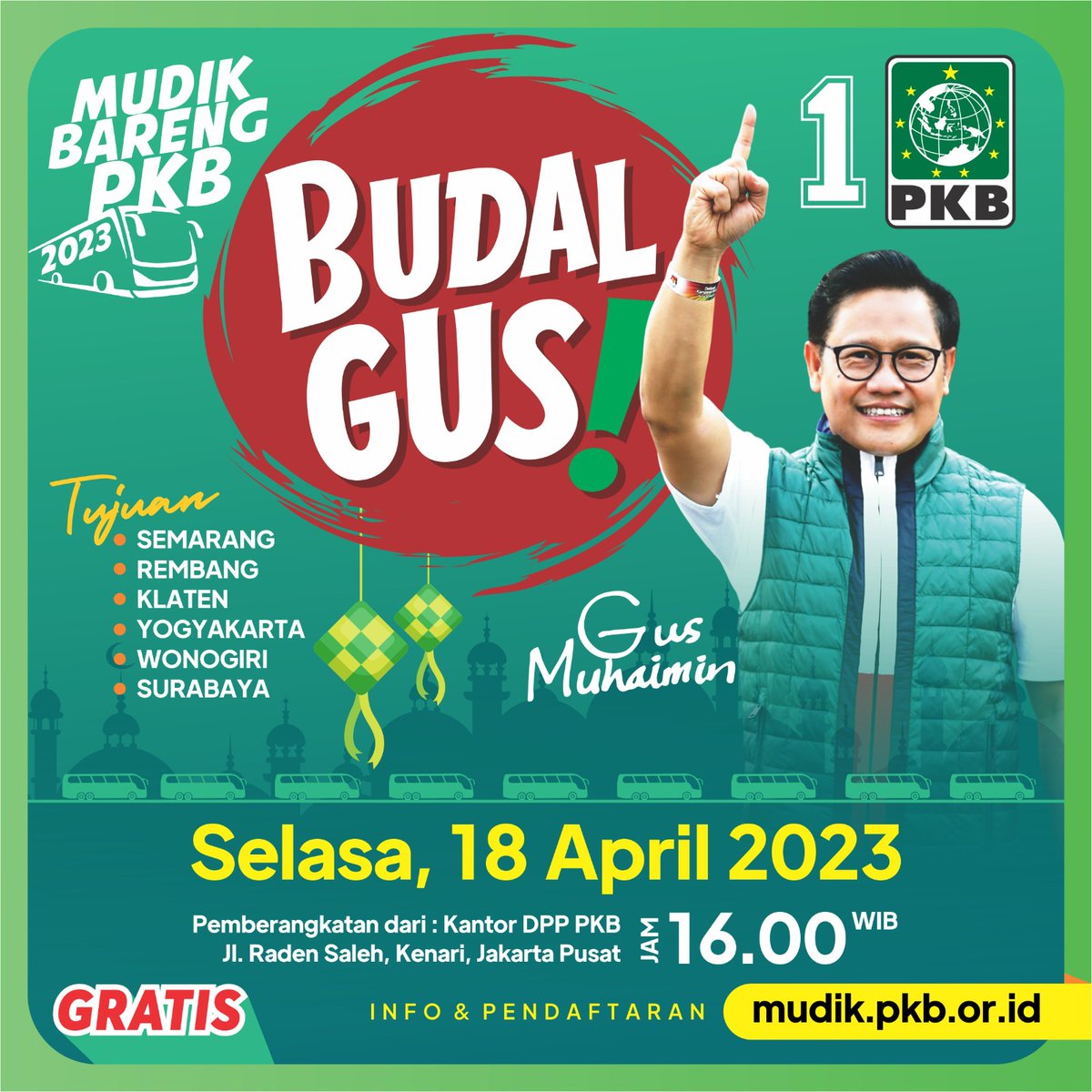 Ayo ikuti dan ramaikan... 

*MUDIK BARENG PKB 2023 "BUDAL GUS"*

Daftarkan diri Anda segera secara online di : mudik.pkb.or.id dan ikuti petunjuk yang disampaikan.

*_Mudik Bersama PKB, Insya Allah Berkah._*