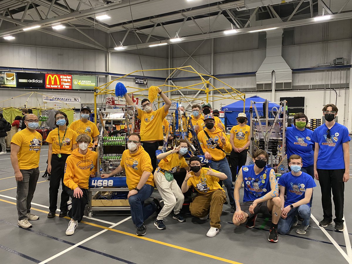 FRC5024's tweet photo. That’s a wrap from Windsor. Our alliance of @frc4688 and @WiredCats5885 finished as finalist! We are honoured to have won the FIRST impact award. Huge thks to our sponsors @tr_electronic @enbridgegas @TVDSB @HBBeal and many more 💙💛 @CANFIRST #omgrobots https://t.co/3OcbC20Vez
