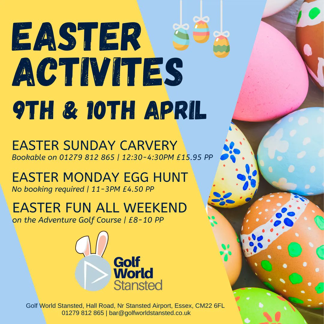 Easter is coming &amp; it's next Sunday my friends! Make sure you book the family onto our #EasterActivities - swipe for more info! 🐰 #golfworldstansted #stanstedgolf #easterfun #easteractivities #eastersundaycarvery #sundaycarvery #easteregghunt