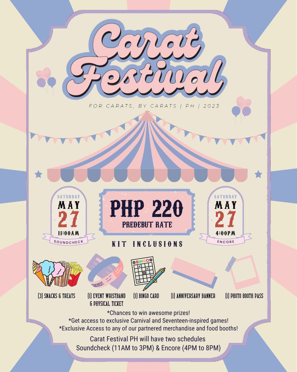 CaratFestivalPH's tweet photo. Word's out, and it's H-O-T! 🔥

#CaratFestivalPH2023 pre-registration opens on April 10, 2023! Avail our pre-debut rate at Php 220 and get an exclusive Carat Kit filled with lots of goodies ✨

LIMITED SLOTS ONLY! Grab the chance and see you on May 27, 2023 🫶🏼 https://t.co/JRoDR4S6tP