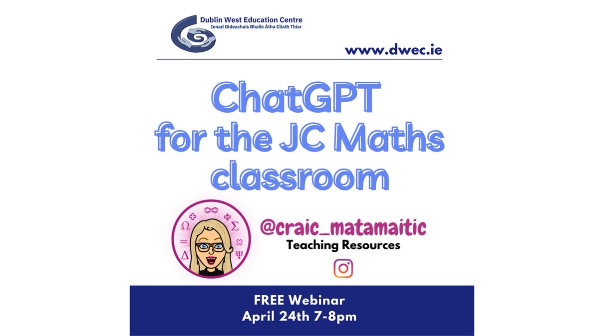 DublinWestEC's tweet photo. Join us for a FREE webinar that will revolutionise the way you teach and plan for Junior Cycle Mathematics! This webinar with @craicmatamaitic will focus on planning and resource creation with ChatGPT.
Register your place via https://t.co/WBUrumD2CL
#chatgptforteachers #jcmaths https://t.co/oulGSLo4ya