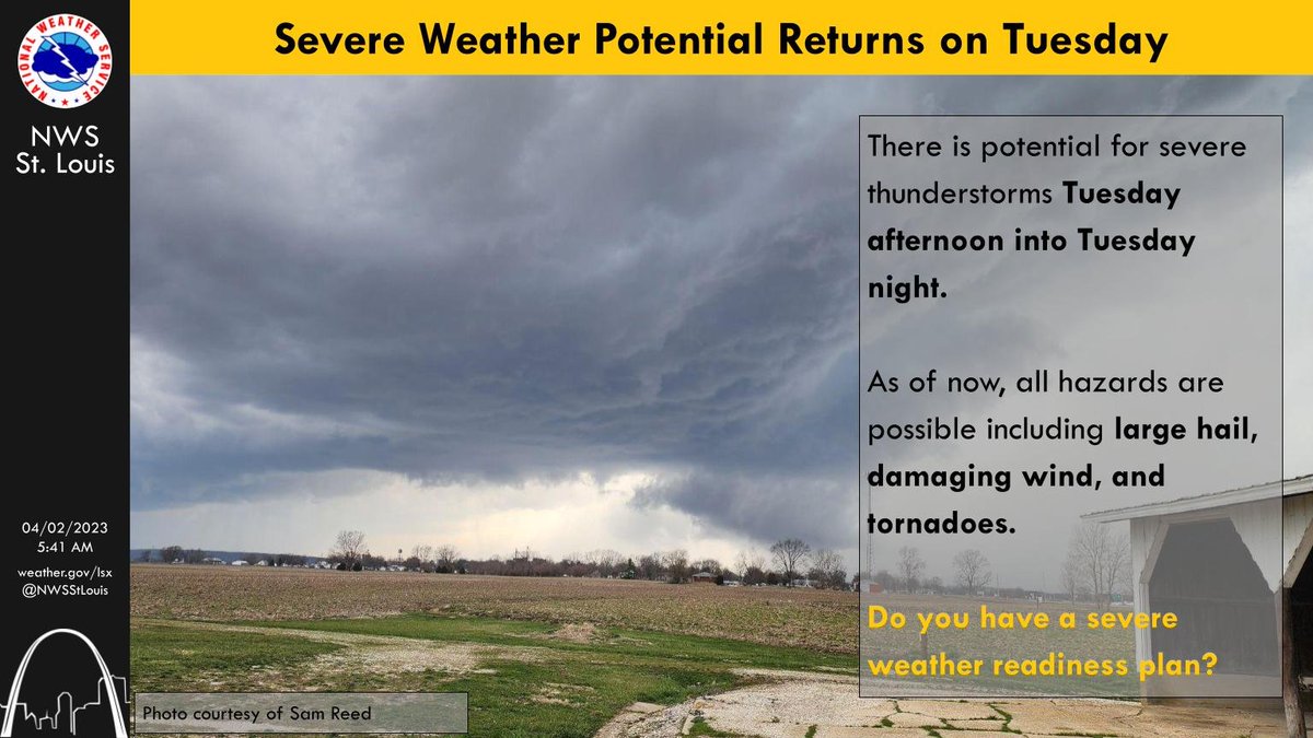 NWSStLouis's tweet photo. The potential for severe weather is still present Tuesday afternoon into night. Do you have a severe weather readiness plan? #mowx #ilwx #stlwx https://t.co/pS2M65St0G