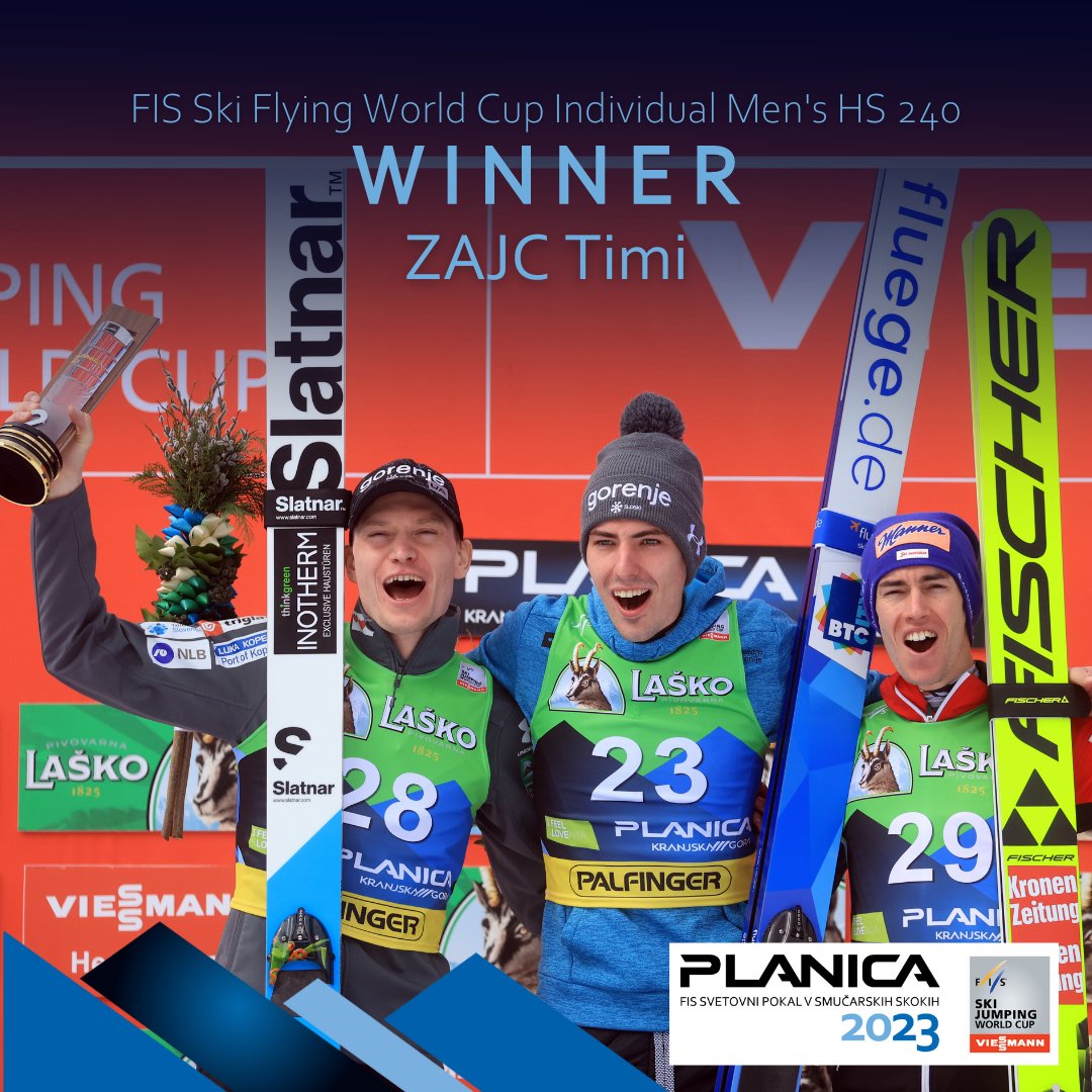 Congratulations to Timi Zajc and Anže Lanišek for winnig today's individual competition! 
1. Timi Zajc 🇸🇮
2. Anže Lanišek 🇸🇮
3. Stefan Kraft 🇦🇹
#planica #planica2023 #ifeelslovenia #fisskijumping #sloskinordicteam #laškopivo #palfinger