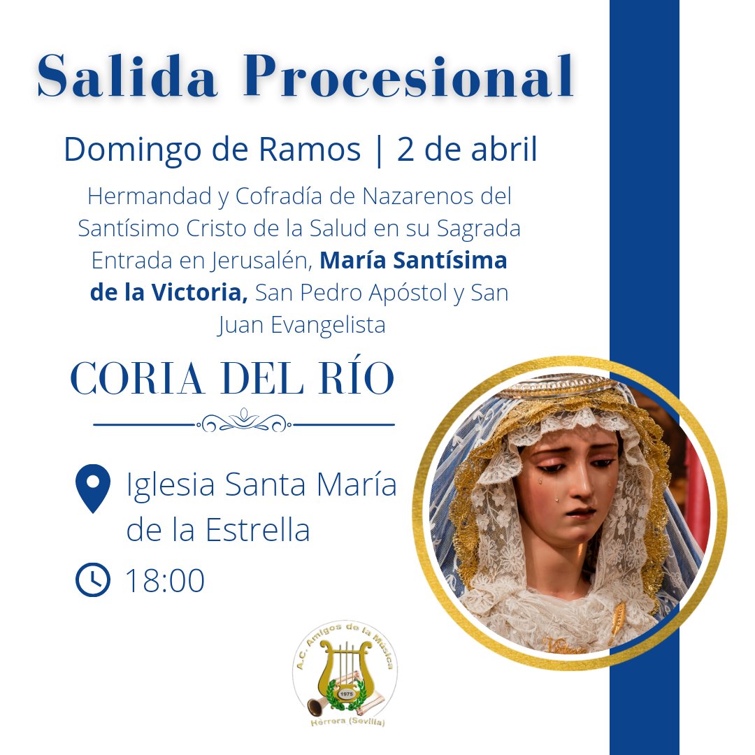 🥁| ¡YA ES DOMINGO DE RAMOS! 

Esta tarde nos trasladaremos hasta la localidad sevillana de Coria del Río para acompañar a María Santísima de la Victoria por las calles de su pueblo. 

#suenabamhe #herrera #sevilla #coriadelrio #domingoderamos #semanasanta #marchasdeprocesión