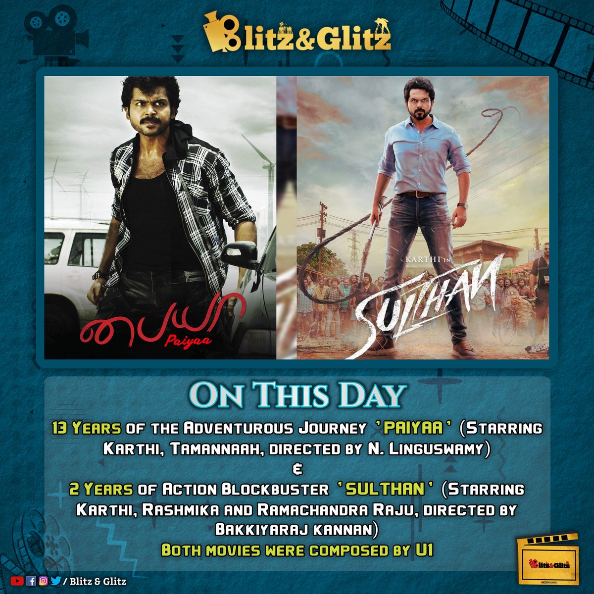 BlitzandGlitzX's tweet photo. On This Day - #13YearsOfPaiyaa &amp; #2YearsofSulthan
#OnThisDay #blitzandglitz #Paiyaa #Sulthan #Tamannaah #Rashmikamandana #yuvanshankarraja #linguswamy #bakkiyarajkannan https://t.co/yIsKryYooR