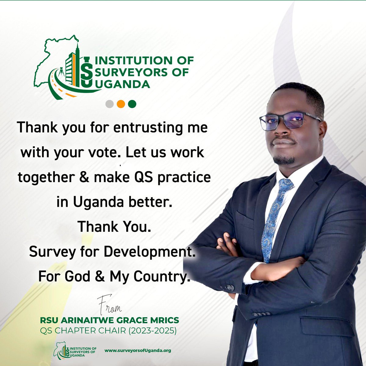 Dear members of @SurveyorsofUG .   

Thank you for entrusting me with mandate to lead the Quantity Surveying Chapter. I am humbled. God bless you. Survey for development!!#Quantitysurveying  #leadership #thankyou