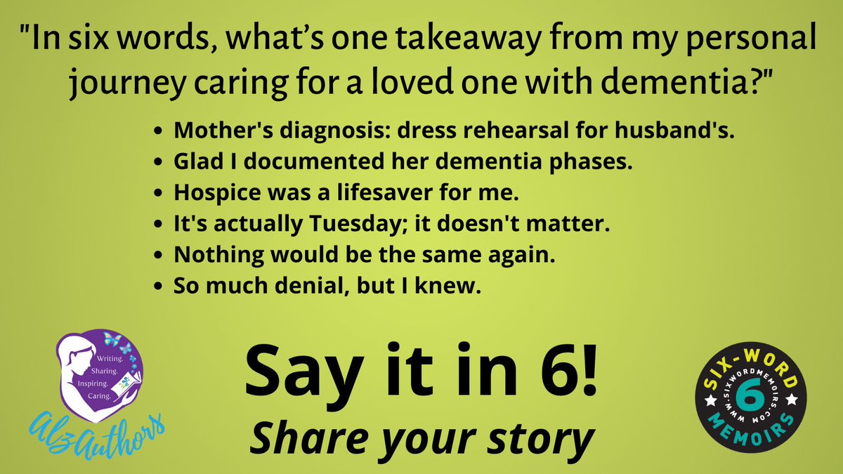 AlzAuthors's tweet image. Tell us your story: In six words, what’s one takeaway from your personal journey caring for a loved one with dementia? #Alzheimers #dementia 
app.sixwordmemoirs.com/topic/a8tt44di