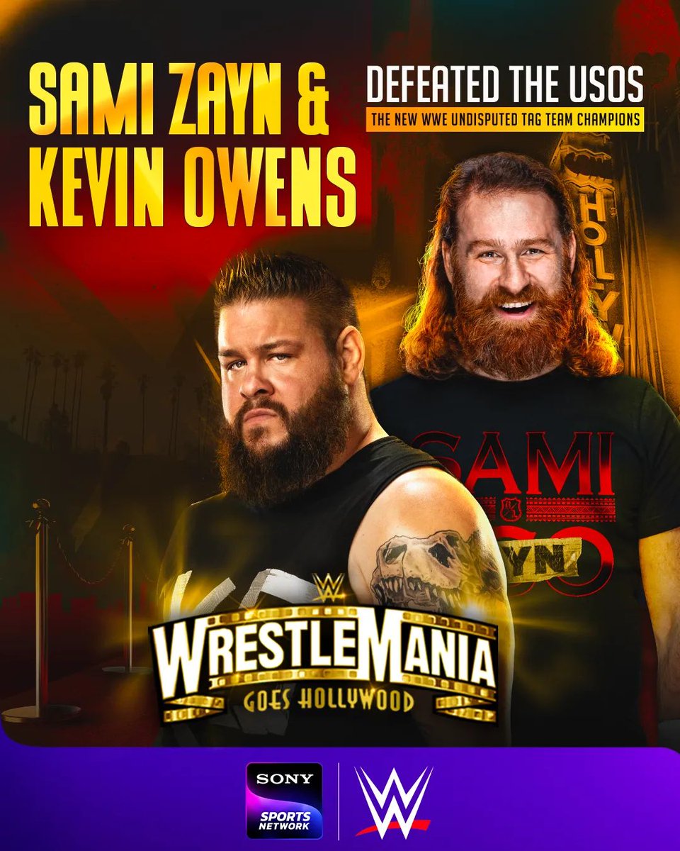 SonyHindi's tweet photo. 𝗜𝘁'𝘀 𝗪𝗿𝗲𝘀𝘁𝗹𝗲𝗭𝗮𝘆𝗻𝗶𝗮 𝗧𝗶𝗺𝗲 🔥

#KevinOwens &amp; #SamiZayn are the New Undisputed #WWE Tag Team Champions 🤩

WWE 

#SonySportsNetwork #WWEIndia #Wrestlemania39 https://t.co/uqBZN4r4m2