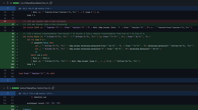 F#+のFreeモナド。リリースまだだけど、しれっと射関数hoistが実装。Functor FからFunctor Gへの