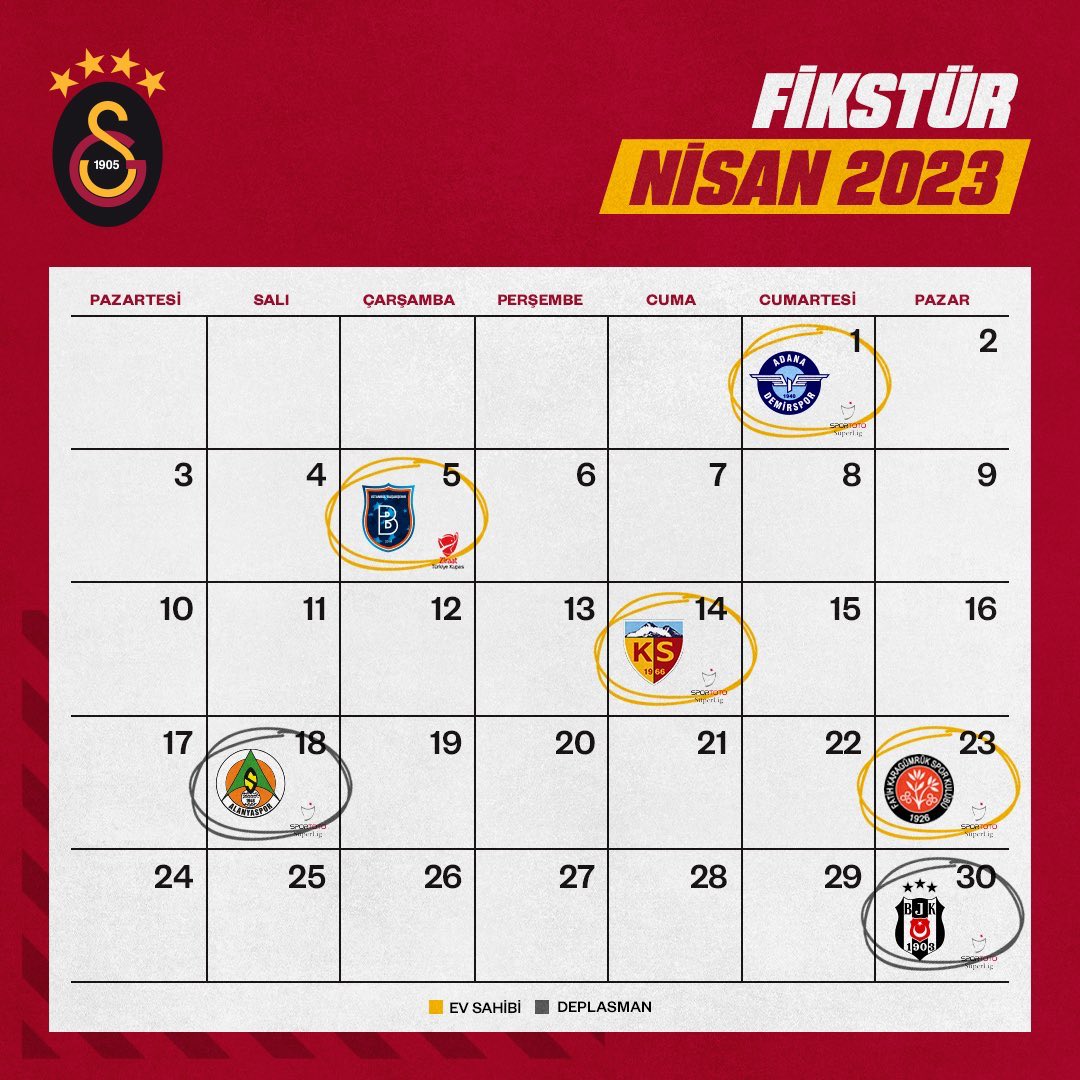 KutahyaGSliler's tweet photo. GALATASARAY Futbol Takımımız Nisan ayı maç Fikstürü 💛❤️ https://t.co/osGqx2Obya