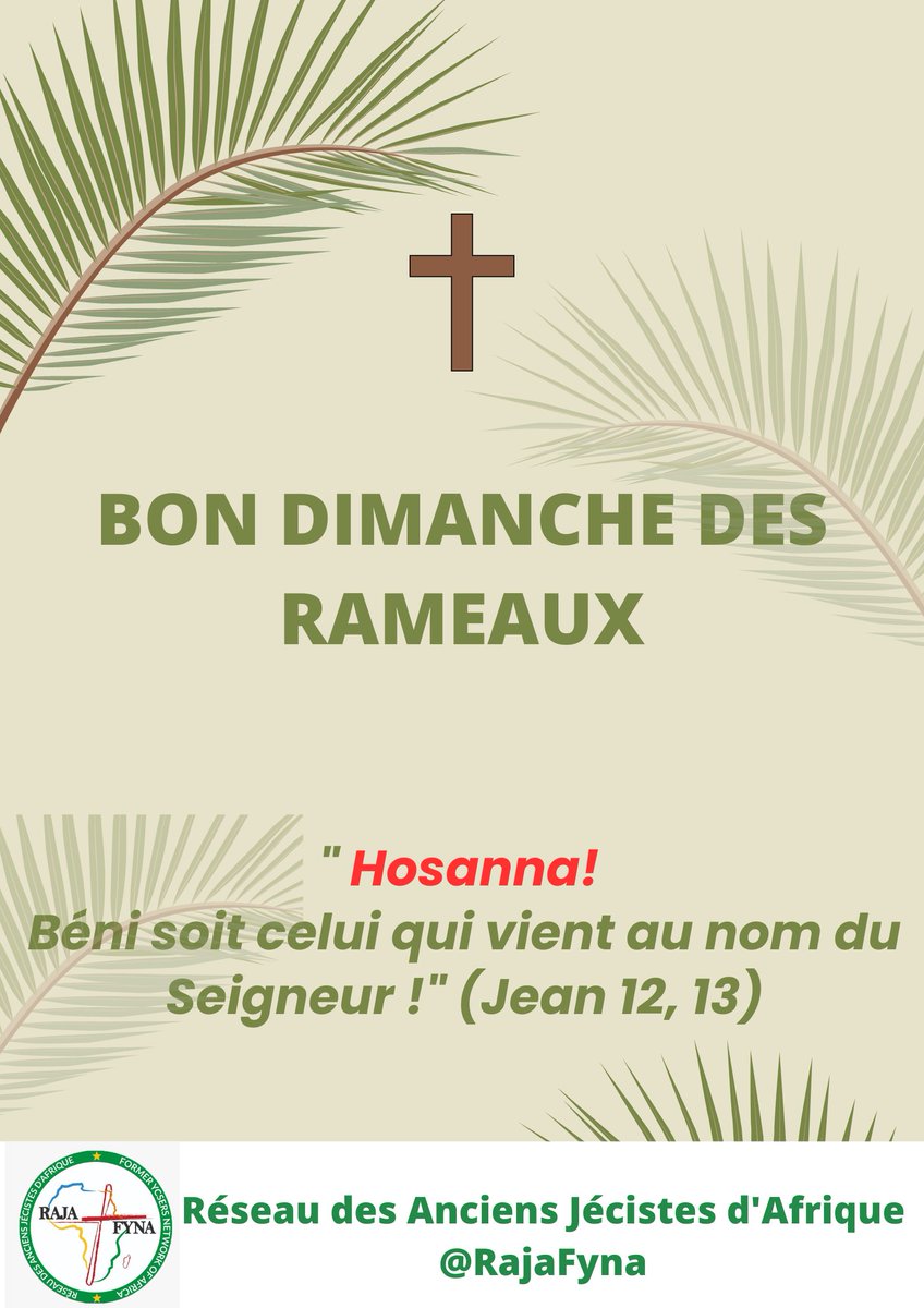 Sanctifiante fête des Rameaux.
Que l'entrée triomphale du Christ, notre Seigneur, à Jérusalem soit notre détermination dans notre foi et notre confiance en Dieu. Que ce jour nous procure la Paix et la Joie dans nos familles!!! <a href="/RajaFyna/">RAJA-FYNA</a> #RAJA #FYNA #Réseaudesanciensjécistes