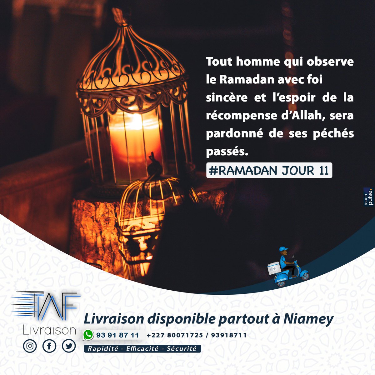 #LivraisonExpress 🚚 #RamadanDay11 

Dépensez-vous moins, laissez-nous gérer vos courses et achats partout à Niamey en toute sécurité et simplicité en un seul clic wa.link/ctv7nn ou appelez le 80071725.

Taftaf Livraison votre partenaire logistique fiable !