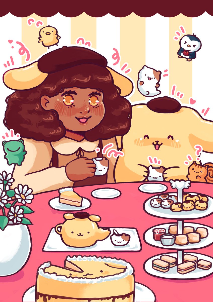 pompompurin tea party for <a href="/sanriofanzine/">Let's Smile Together! A Sanrio fanzine</a> 🍮☕🍰