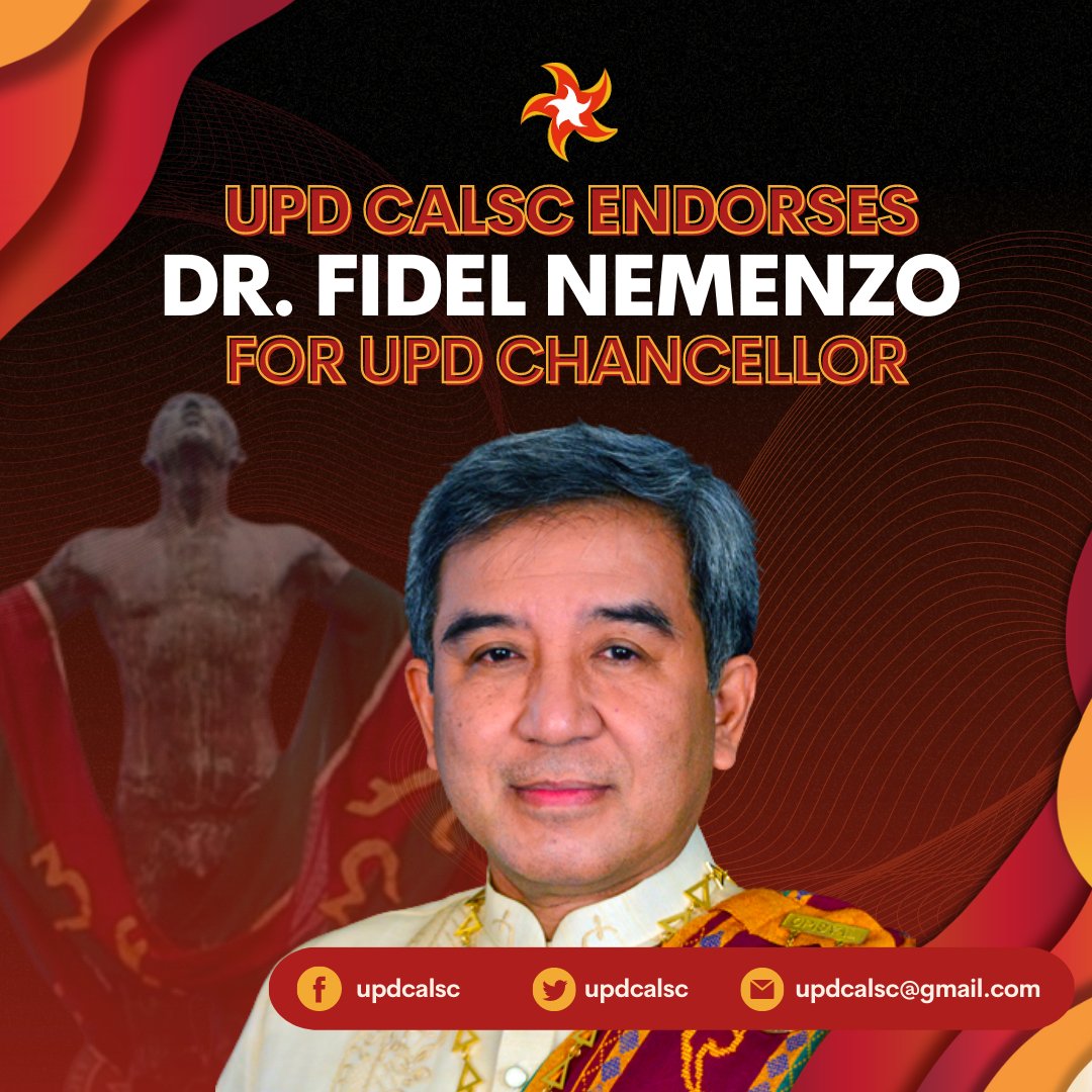 The UP Diliman College Of Arts and Letters Student Council expresses our full endorsement for Dr. Fidel Nemenzo as the next UP Diliman Chancellor.

Read: facebook.com/updcalsc/photo…

#OneCAL
#CALNeedsSpace
#DefendUP
#UPDChancy