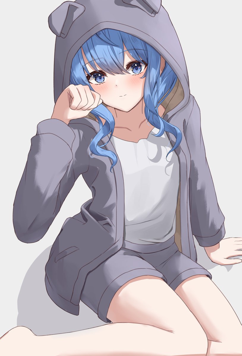 hoshimachi suisei 1girl solo blue hair blue eyes hood star in eye shorts  illustration images