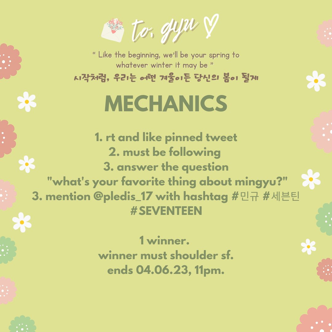 kmgbabydulPH's tweet photo. ー to, gyu ♡

mingyu day giveaway 06.
(PH ONLY) 

🌸 SEVENTEEN 10TH MINI ALBUM "FML" (RANDOM &amp; SEALED)  

- rt &amp; like tweet
- follow mechanics below
- unli replies!

ends on 04.06, 11pm.  

goodluck! https://t.co/a4NPxpySOw