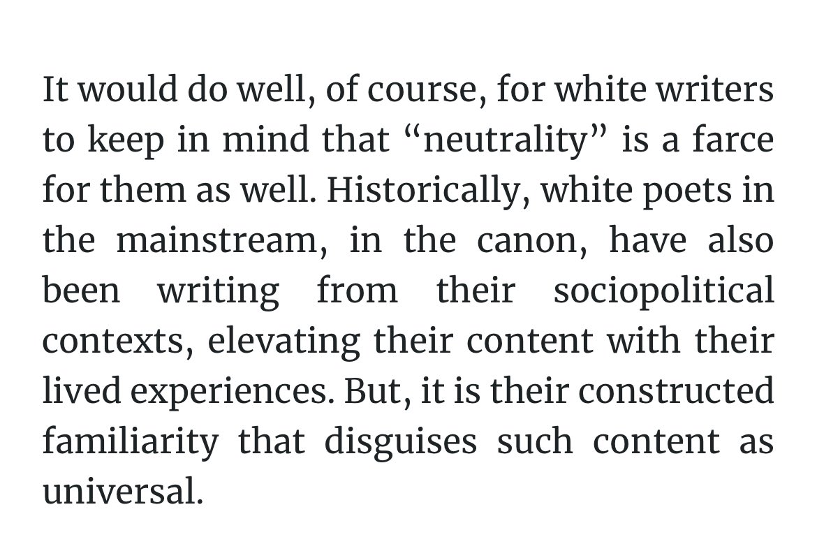 seeing a lot of “craft vs. diversity” posts lately (like it’s the early 2000s or something) where white writers seem to suggest their work is not “about identity” and therefore “universal”

and that’s just not true