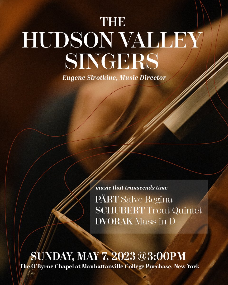 Dvorak's transcendent Mass in D, Schubert's beloved Trout quintet, Arvo Pärt's mesmerizing Salve Regina: a wonderful spring concert Sunday, May 7 at 3pm at Manhattanville College. Tickets: bit.ly/3Krg5Mz