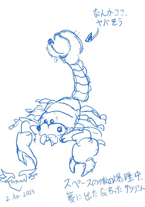 尾の先が二股に分かれてる、というか尾が第3のハサミみたいになってる蠍だった。色は赤茶色っぽかったかな。 