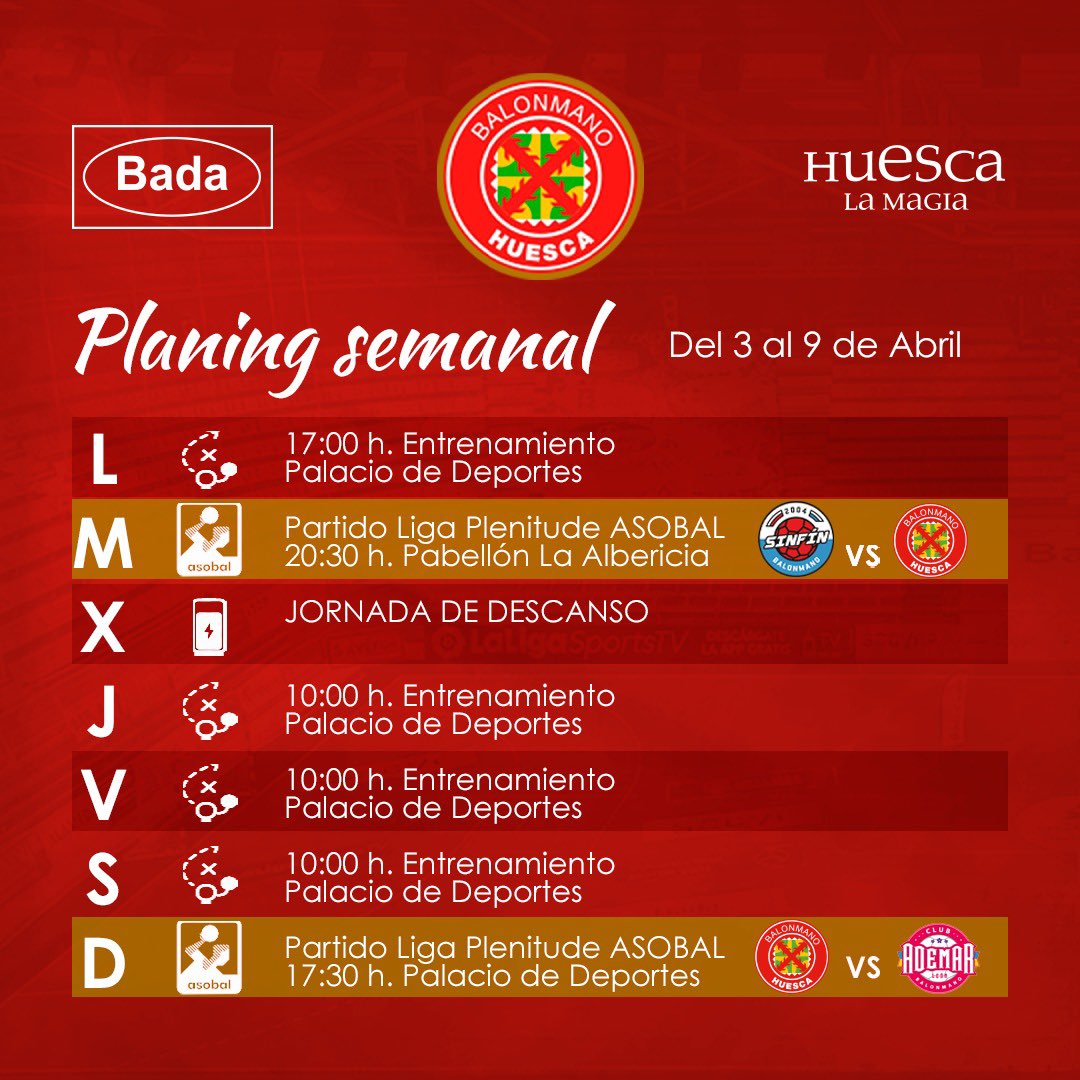 BmHuesca's tweet photo. Sin casi tiempo para celebrar la victoria del Viernes 🥴, el Bada Huesca ha vuelto hoy a los entrenamientos 🤾‍♂️ 

🗓️ Semana muy intensa con doble partido frente al Blendio @bmSinfin y Abanca @ADEMARLEON.

#BadaHuesca #HuescaLaMagia #VamosBada #LigaPlenitudeASOBAL #SINHCA #HCAADE https://t.co/XfQyvQMMHc