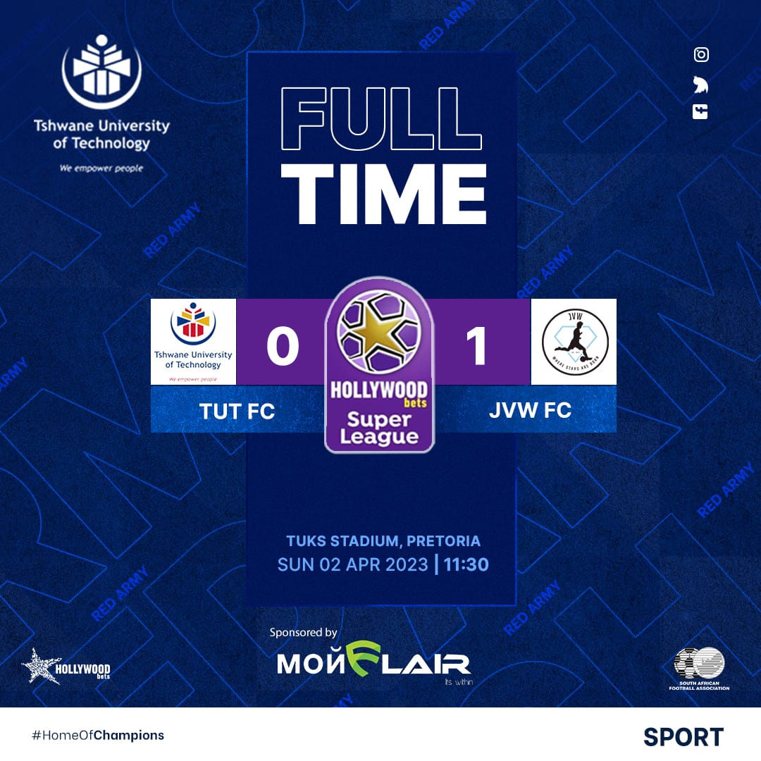 tut_ladies's tweet photo. Full-time score at TUKS Stadium: Hollywoodbets Super League
TUT 0- 1JVW
#tutfootball
#home of champions
#BekeLeBekeSL
#hbwsl https://t.co/K2WbuysLrT