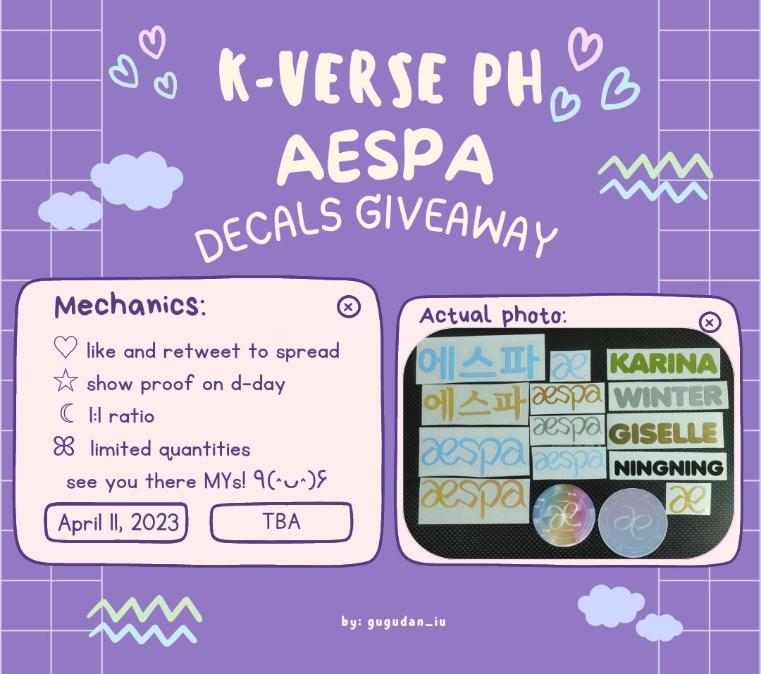 gugudan_iu's tweet photo. ♡☆ aespa decals giveaway by @gugudan_iu ☾ꕤ

hello filo MYs! I’ll be giving away aespa decals at the k-verse concert on April 11, 2023! 

—mechanics👇
—aespa &amp; ae logo (holo)
—members (gold, silver, black &amp; white)

see you! 🤗
#KVersePH #aespa #에스파
#카리나 #윈터 #지젤 #닝닝 https://t.co/0QxEAJDHkW